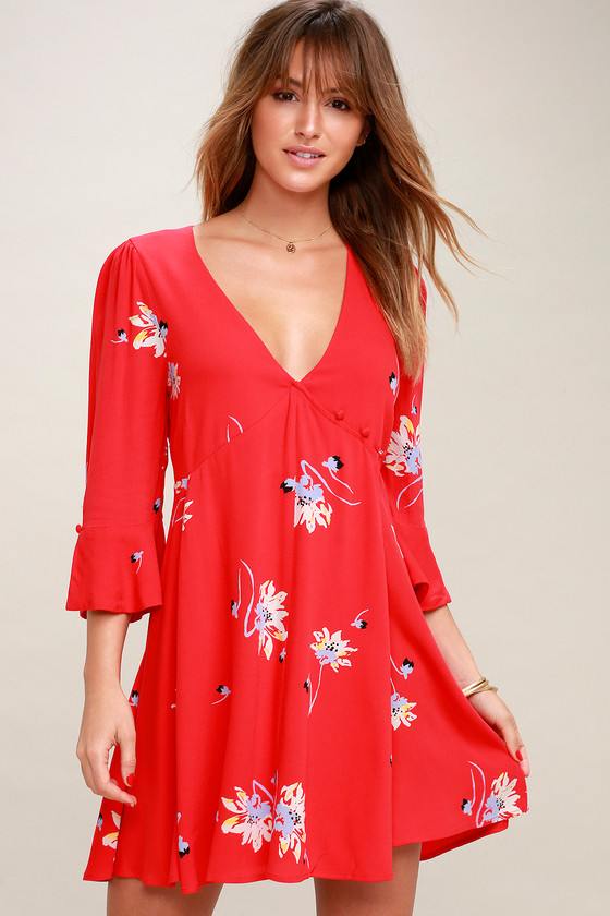 Red Floral Print Wrap Dress - Lulus